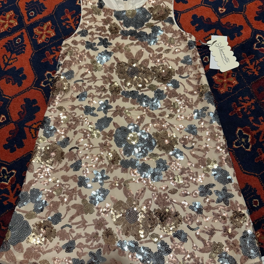 Monsoon Formal Kids Dress with Floral Sequins in Cream and Silver